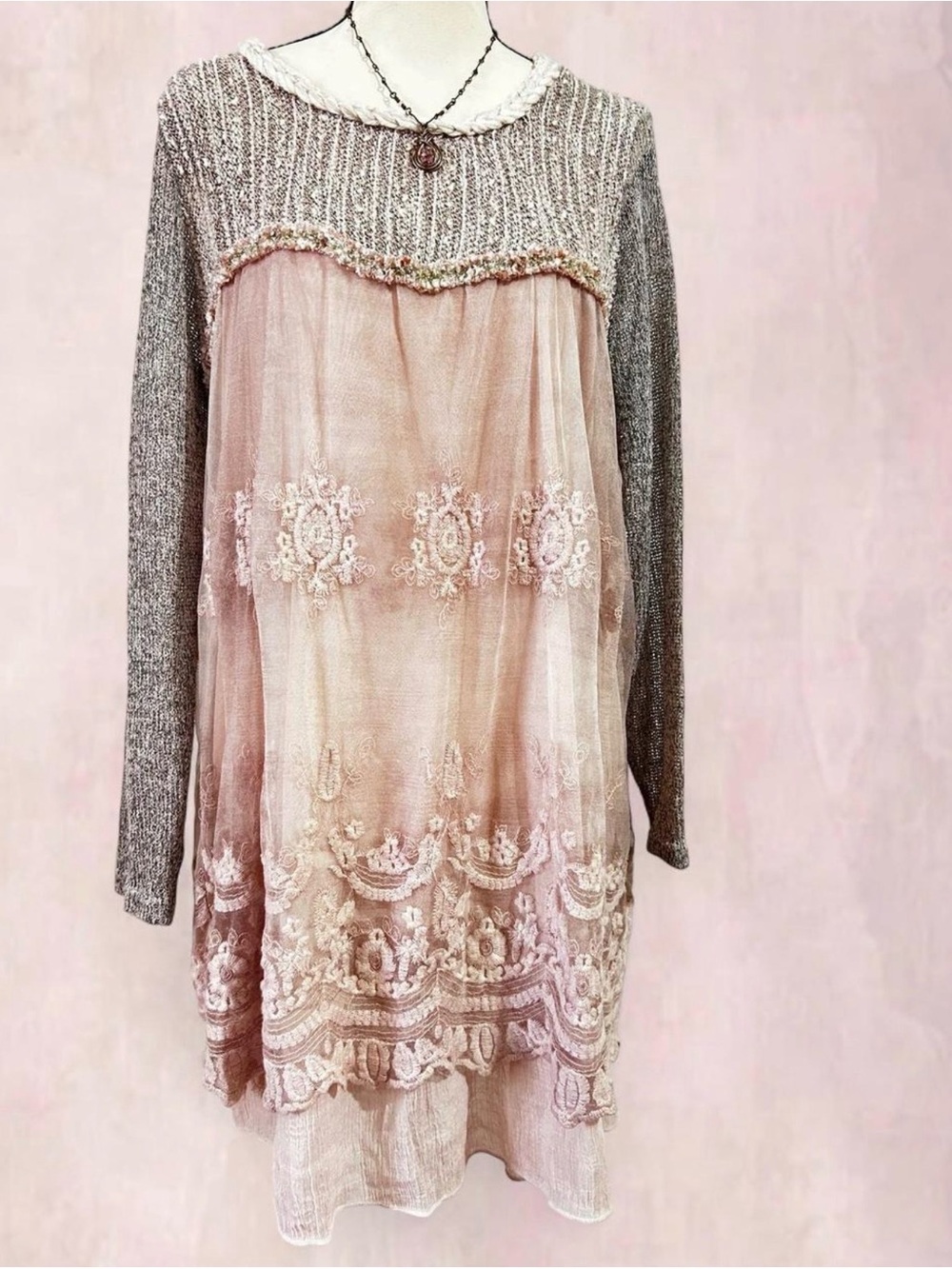 Simply Couture Pink and Gray Long Sleeve Lace Tunic Dress